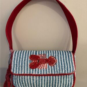 Viral Lobster Beaded Bag. Red and Blue Striped Shoulder Bag with Beaded Lobster